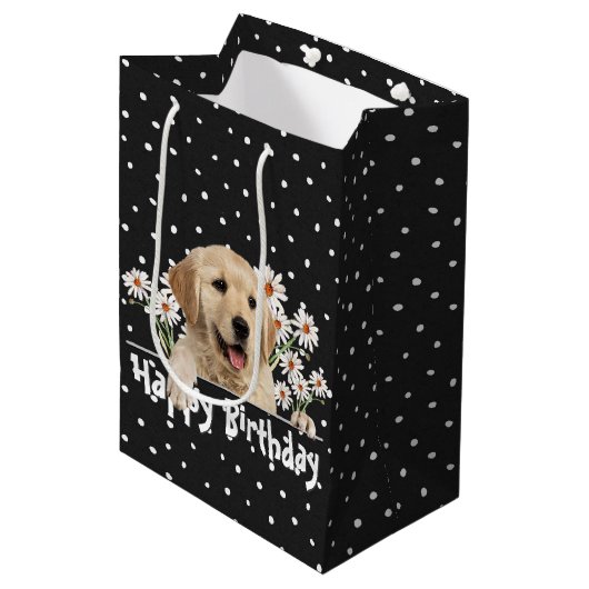 Birthday Golden Retriever op pokadots Medium Cadeauzakje (Voorkant Gekanteld)