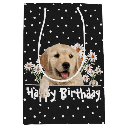 Birthday Golden Retriever op pokadots Medium Cadeauzakje (Voorkant)