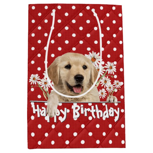 Birthday Golden Retriever op pokadots Medium Cadeauzakje (Voorkant)