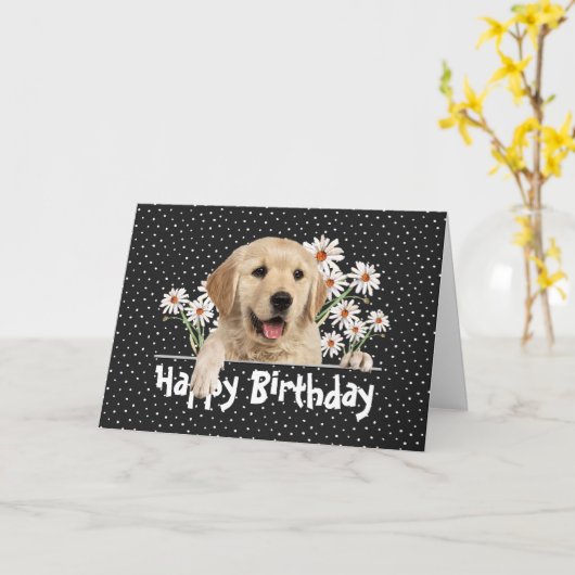 Birthday Golden Retriever op Polka Dots Kaart (Gele Bloem)