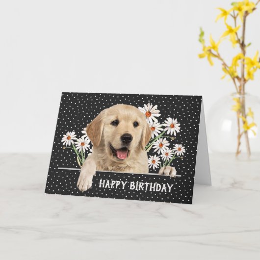 Birthday Golden Retriever op Polka Dots Kaart (Gele Bloem)