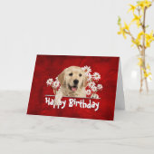 Birthday Golden Retriever op rood leder Kaart (Gele Bloem)