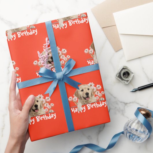 Birthday Golden Retriever op Sinaasappel Cadeaupapier (Geschenken)