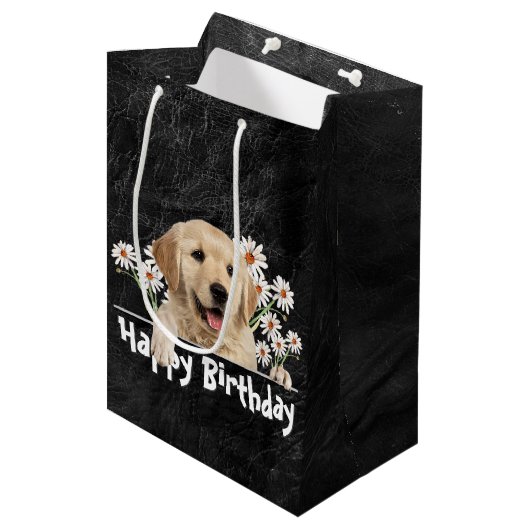 Birthday Golden Retriever op zwart leder Medium Cadeauzakje (Voorkant Gekanteld)