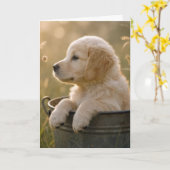 Birthday Golden Retriever Puppy in a Bucket Kaart (Gele Bloem)