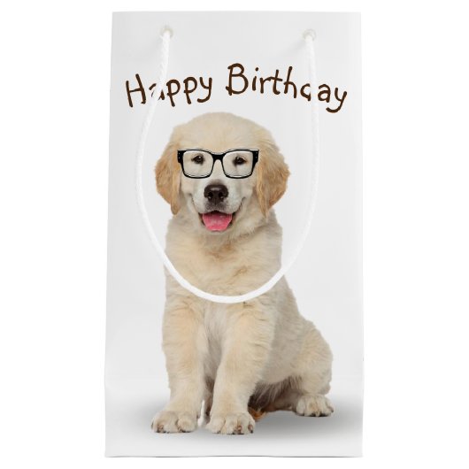 Birthday Golden Retriever Puppy met bril Klein Cadeauzakje (Voorkant)