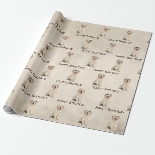 Birthday Golden Retriever Puppy with Glasses Wrap Cadeaupapier (Uitgerold)