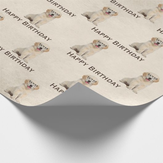 Birthday Golden Retriever Puppy with Glasses Wrap Cadeaupapier (Hoek)