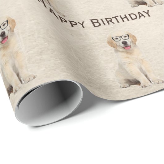 Birthday Golden Retriever Puppy with Glasses Wrap Cadeaupapier (Rol Hoek)