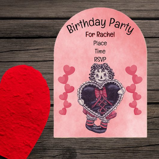 Birthday Gothic Rag Doll Black Heart Lace Pink Acryl Uitnodigingen