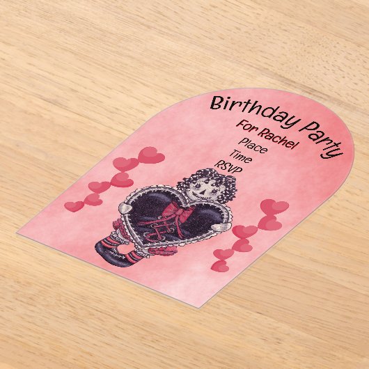 Birthday Gothic Rag Doll Black Heart Lace Pink Acryl Uitnodigingen (Laagn)
