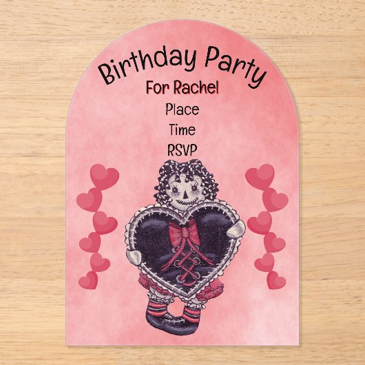 Birthday Gothic Rag Doll Black Heart Lace Pink Acryl Uitnodigingen (Voorkant)