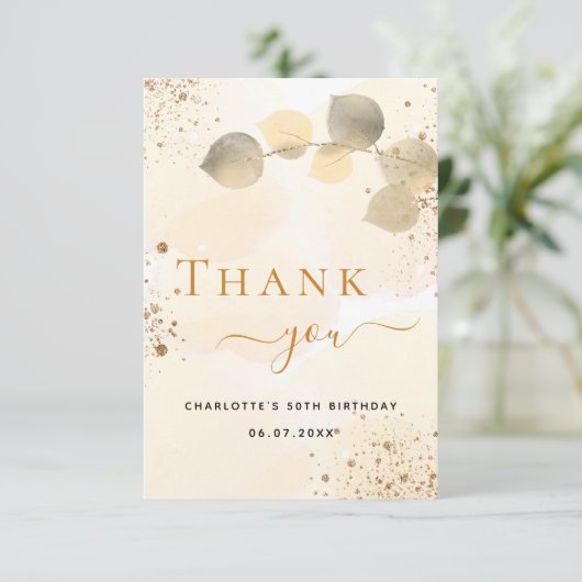 Birthday gouden eucalyptus goudglitter herfst bedankkaart (Staand voorkant)