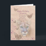 Birthday, Grandson, Cougar en Butterflies Kaart<br><div class="desc">De stevige groene ogen van een cougar steken uit een achtergrond van gemuteerde perzik en roze. Butterflies en bloemen versieren de rand van het afbeelding. Met de belangrijkste delen van het afbeelding die naar de achtergrond zijn gestrooid, is het algemene uiterlijk zacht en droomig, wat in tegenstelling staat tot de...</div>