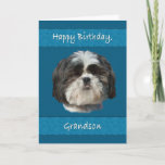 Birthday, Grandson, Shih Tzu Dog Kaart<br><div class="desc">Deze kleine sjiitische Tzu-hond met zijn schattige kakelende gezicht voegt appèl toe die elke liefhebber van een huisdier leuk zal vinden.  Het is vooral aardig voor een verjaardagscadeau wenskaart.</div>