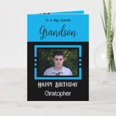 Birthday Grandson voegt fotonaam blauw zwart toe Kaart (Voorkant)