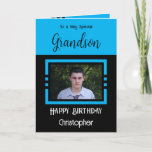 Birthday Grandson voegt fotonaam blauw zwart toe Kaart<br><div class="desc">Voor een heel bijzondere kleinzoon. Gelukkige verjaardag. Voeg een naam en een foto toe. Blauw en zwart.</div>