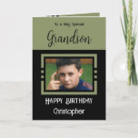 Birthday Grandson voegt fotonaam groen zwart toe Kaart<br><div class="desc">Voor een heel bijzondere kleinzoon. Gelukkige verjaardag. Voeg een naam en een foto toe. Groen en zwart.</div>