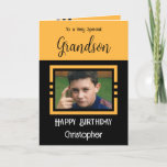 Birthday Grandson voegt fotonaam oranje zwart toe Kaart<br><div class="desc">Voor een heel bijzondere kleinzoon. Gelukkige verjaardag. Voeg een naam en een foto toe. Oranje en zwart.</div>