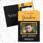 Birthday Grandson voegt fotonaam oranje zwart toe Kaart<br><div class="desc">Voor een heel bijzondere kleinzoon. Gelukkige verjaardag. Voeg een naam en een foto toe. Oranje en zwart.</div>