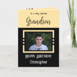 Birthday Grandson voegt fotonaam zwart toe Kaart<br><div class="desc">Voor een heel bijzondere kleinzoon. Gelukkige verjaardag. Voeg een naam en een foto toe. Geel en zwart.</div>