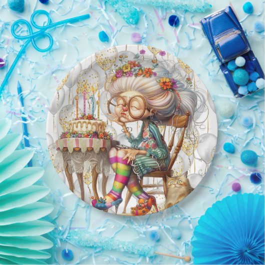 Birthday Granny With Party Balloons Papieren Bordje (Feest)