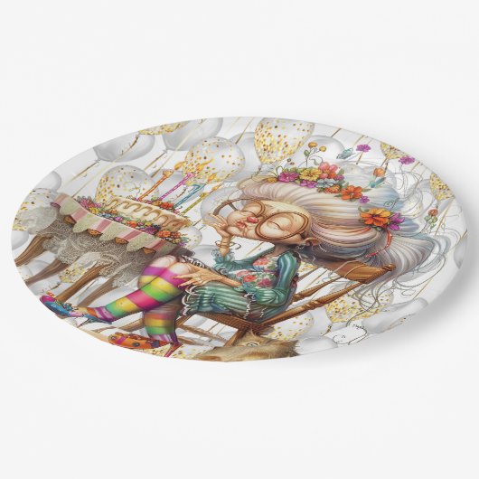 Birthday Granny With Party Balloons Papieren Bordje (Gekanteld)