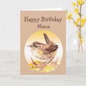 Birthday Great Niece Waterverf Wren Bird Kaart (Gele Bloem)