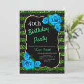 Birthday Green Black Stripes Glitter Blue Rozen Kaart (Staand voorkant)