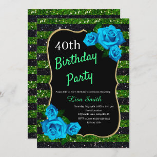 Birthday Green Black Stripes Glitter Blue Rozen Kaart