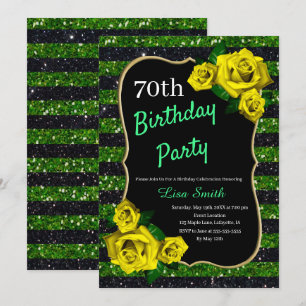 Birthday Green Black Stripes Glitter Yellow Roses Kaart