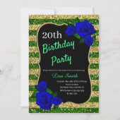 Birthday Green Gold Stripes Glitter Deep Blue Roos Kaart (Voorkant)