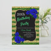 Birthday Green Gold Stripes Glitter Deep Blue Roos Kaart (Staand voorkant)