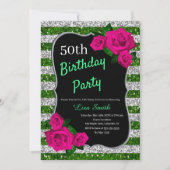 Birthday Green Silver Stripes Glitter Pink Roses Kaart (Voorkant)