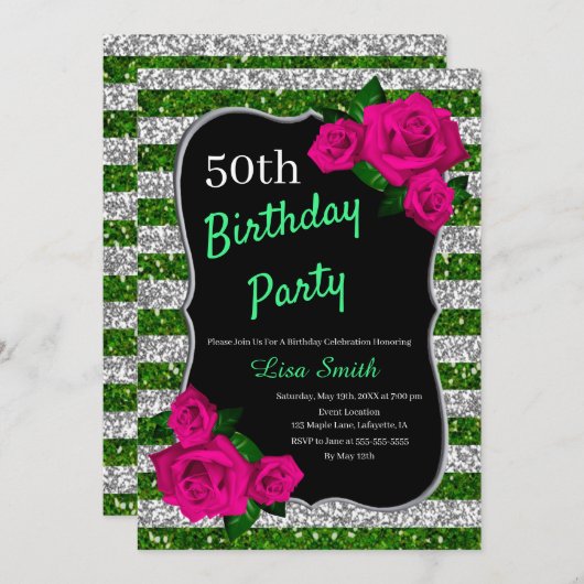 Birthday Green Silver Stripes Glitter Pink Roses Kaart (Voorkant / Achterkant)