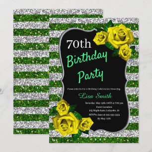 Birthday Green Silver Stripes Glitter Yellow Roses Kaart