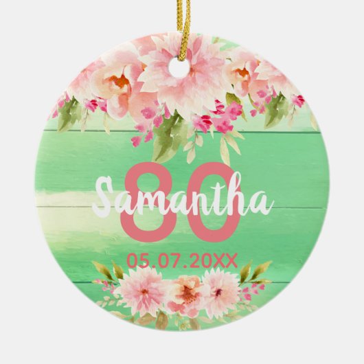 Birthday green wood blush florals rustige naam keramisch ornament (Voorkant)