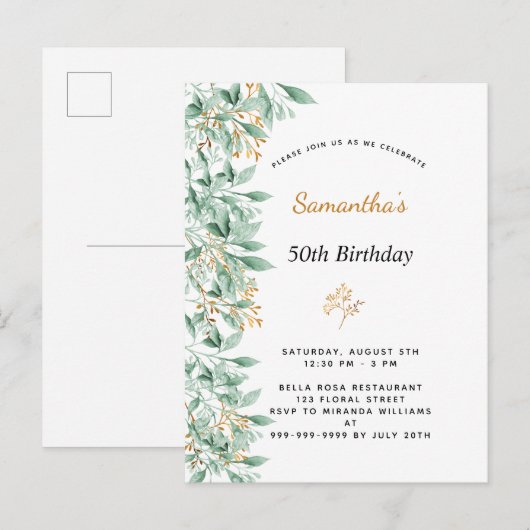Birthday greenery botanical elegant briefkaart (Voorkant / Achterkant)