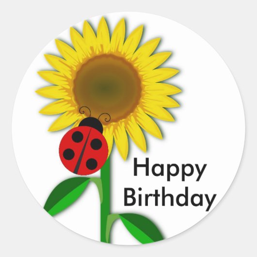 Birthday Greeting Round Sunflower Sticker, Glossy Ronde Sticker (Voorkant)