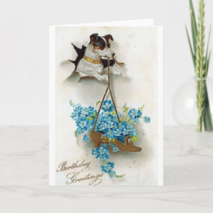 Birthday Greetings Cute Dog en Shoe Vintage Kaart