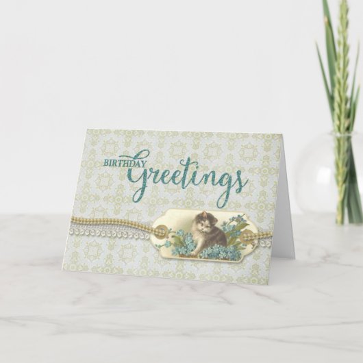 Birthday Greetings  Kat label Kaart (Voorkant)