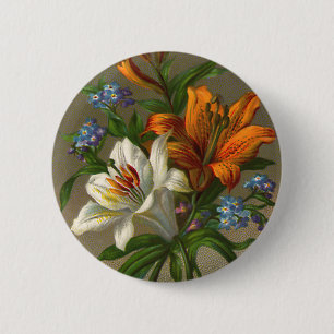Birthday Greetings met Lily Flowers Ronde Button 5,7 Cm
