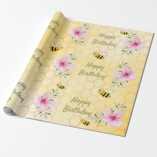 Birthday happy hommels honeycomb florals cadeaupapier (Uitgerold)