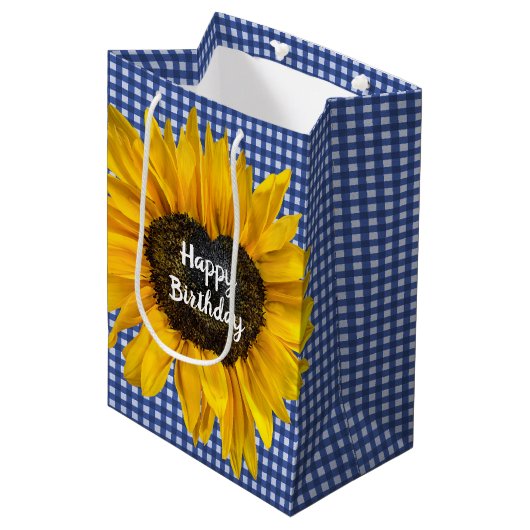 Birthday Heart Sunflower op Gingham Medium Cadeauzakje (Voorkant Gekanteld)