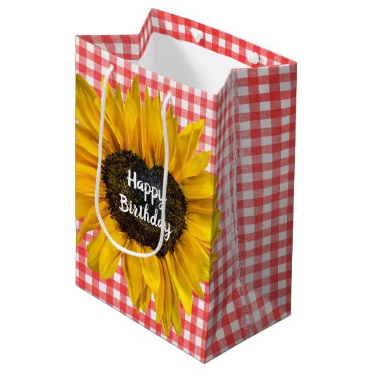 Birthday Heart Sunflower op Gingham Medium Cadeauzakje (Voorkant Gekanteld)