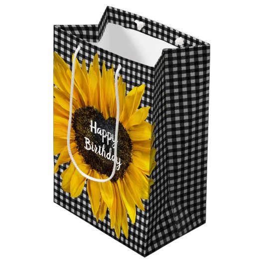 Birthday Heart Sunflower op Gingham Medium Cadeauzakje (Voorkant Gekanteld)