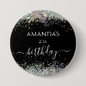 Birthday holographic glitter custom name black ronde button 7,6 cm (Voorkant)