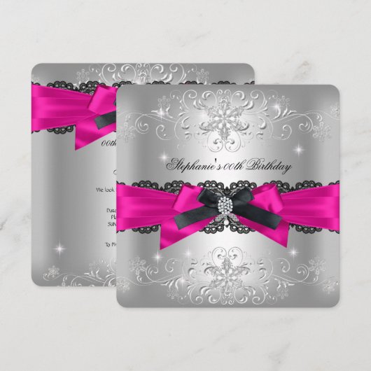 Birthday Hot Pink Black Bow Glitter Silver Kaart (Voorkant / Achterkant)