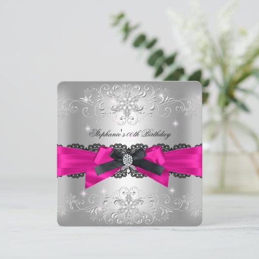Birthday Hot Pink Black Bow Glitter Silver Kaart (Staand voorkant)