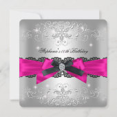 Birthday Hot Pink Black Bow Glitter Silver Kaart (Voorkant)